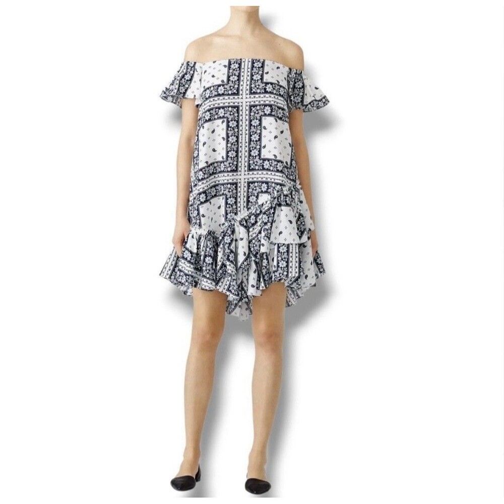 Cinq a Sept Minella Dress Size 0 Navy Paisley Off Shoulder Ruffle Mini $595 NWOT
